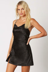 No Regrets Black Floral Satin Cowl Neck Mini Slip Dress