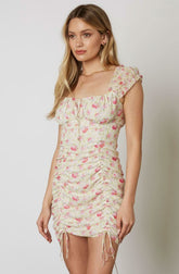 Early Spring Cream Floral Ruched Drawstring Bodycon Dress