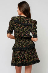 Vineyard Black Floral Print Ruffle Puff Sleeve Dress