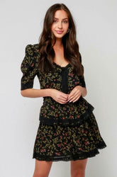 Vineyard Black Floral Print Ruffle Puff Sleeve Dress