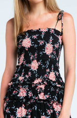Taylor Black and Pink Floral Ruffled Mini Dress