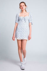 Tory White  and Blue Floral Print Puff Sleeve Mini Dress
