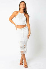 Salty Sun White Knit Halter Lace-Up Midi Dress Set