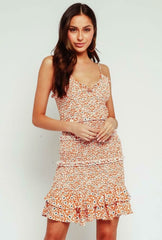Rhea Orange Floral Smocked Ruffle Mini Dress