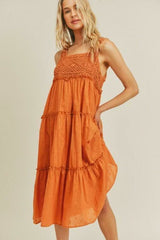 Lush Savanna Orange Rust Crochet Midi Dress