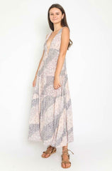 Rania Blush and Grey Print Plunge Maxi Dress