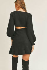 Mari Black Puff Sleeve Sweater Dress