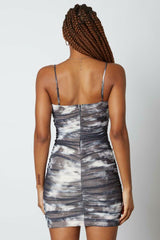 All Mine Ivory and Indigo Tie-Dye Ruched Bodycon Dress