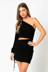 Bianca Black One Shoulder Long Sleeve Mini Dress