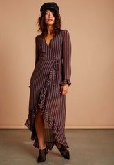 Vine Burgundy Stripe Long Sleeve Ruffle Wrap Maxi Dress