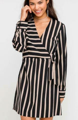 Joanna Black and Taupe Stripe Wrap Dress
