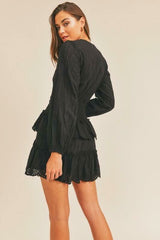 On The Edge Black Long Sleeve Eyelet Skater Mini Dress