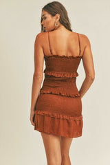 Quinn Cognac Satin Smocked Ruffle Mini Dress