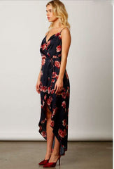 Heidi Navy Satin Floral Wrap Dress
