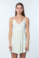 Boca Grande Lime and White Floral Halter Mini Dress