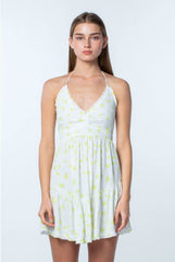 Boca Grande Lime and White Floral Halter Mini Dress