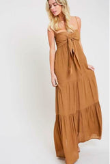 Falling In Love Tie-Front Tiered Camel Maxi Dress