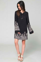 Ashbury Black Floral Print Bell Sleeve Shift Dress
