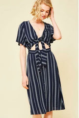 Maddy Navy Striped Print Tie-Front Cutout Dress