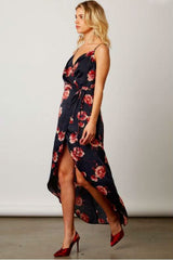 Heidi Navy Satin Floral Wrap Dress