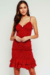 Rhea Rust Red Dot Smocked Ruffle Mini Dress