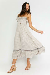 Delia Taupe Ikat Print Strapless Midi Dress