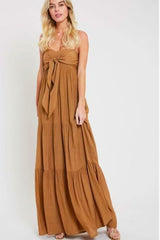 Falling In Love Tie-Front Tiered Camel Maxi Dress