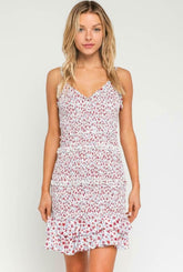 Rhea White and Red Floral Smocked Ruffle Mini Dress