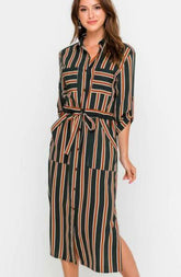 Laura Navy and Rust Striped Midi Shirt Dress