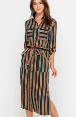Laura Navy and Rust Striped Midi Shirt Dress