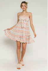 Canyon Sunset Blush Multi Stripe Strapless Mini Dress