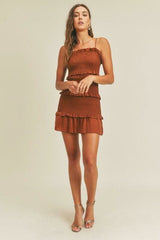 Quinn Cognac Satin Smocked Ruffle Mini Dress