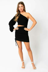 Bianca Black One Shoulder Long Sleeve Mini Dress