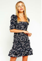 Naomi Navy Floral Smocked Puff Sleeve Mini Dress