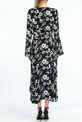 Bloom Black Floral Bell Sleeve Midi Wrap Dress