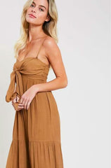 Falling In Love Tie-Front Tiered Camel Maxi Dress