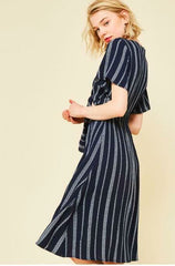 Maddy Navy Striped Print Tie-Front Cutout Dress