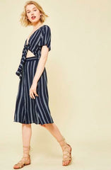 Maddy Navy Striped Print Tie-Front Cutout Dress