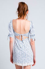 Tory White  and Blue Floral Print Puff Sleeve Mini Dress