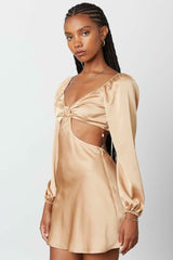 Because Of You Tan Long Sleeve Cutout Mini Dress