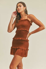 Quinn Cognac Satin Smocked Ruffle Mini Dress
