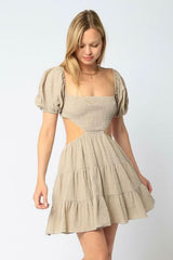 Lindsey Khaki Cutout Puff Sleeve Dress