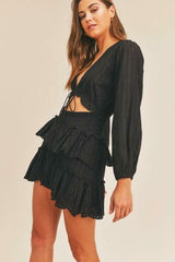 On The Edge Black Long Sleeve Eyelet Skater Mini Dress