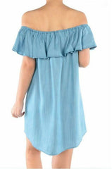See Ya In Miami Light Blue Chambray Off-the-Shoulder Dress