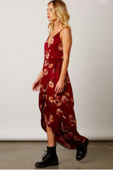 Heidi Wine Satin Floral Wrap Dress