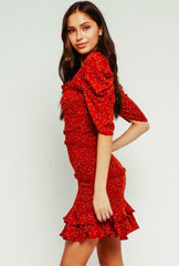 Naomi Red Dot Smocked Puff Sleeve Mini Dress