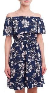 Bloom Zeal Navy Floral Print Off-The-Shoulder Ruffle Dress