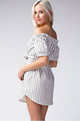 Smitten With You Striped Off-the-Shoulder Shirt Dress