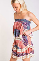 Summer Fields Blue and Blush Floral Print Strapless Two-Piece Set