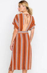Marcella Rust Striped Dolman Sleeve Midi Dress